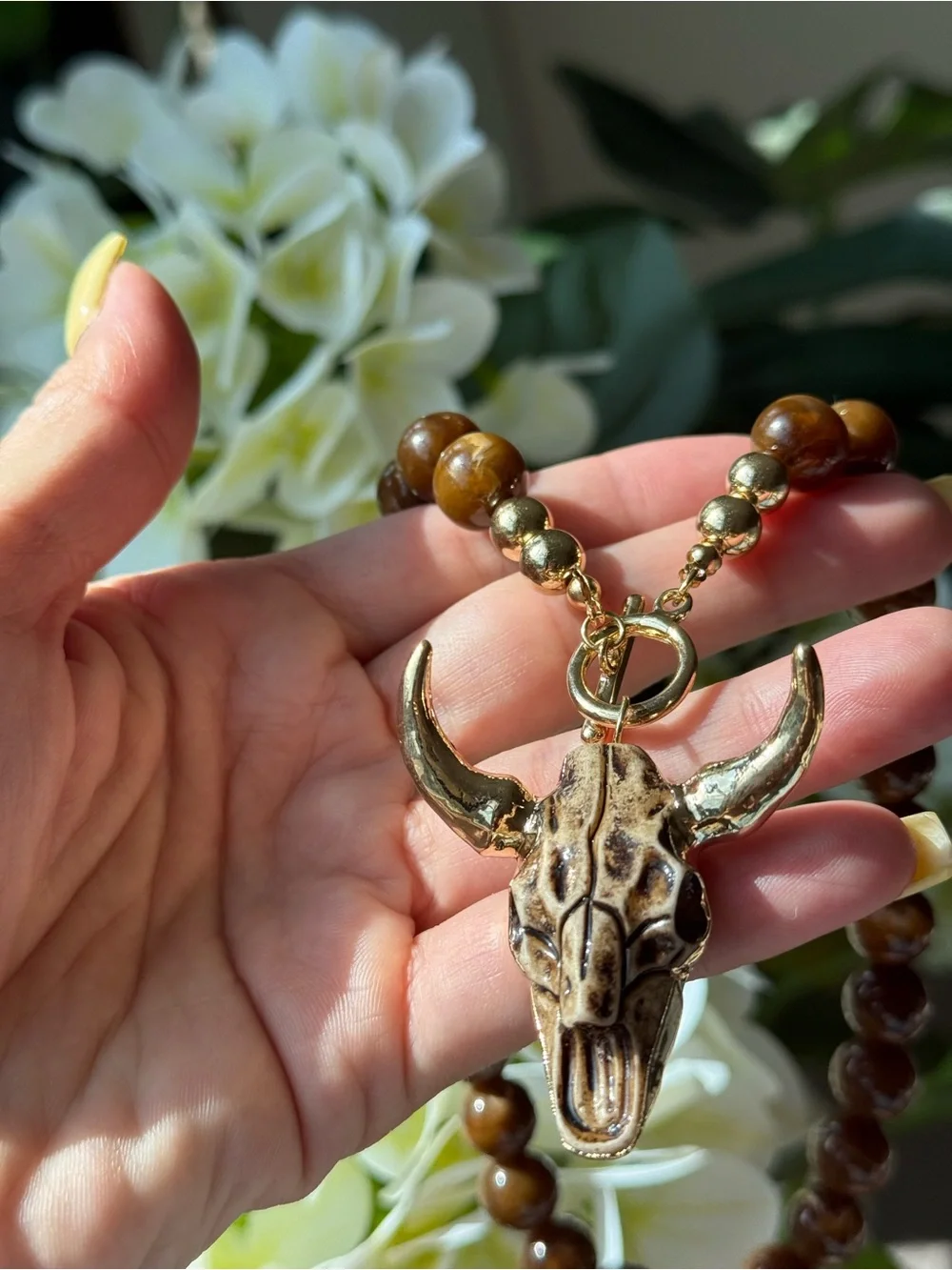 Gold & Brown Beaded Bull Skull Necklace